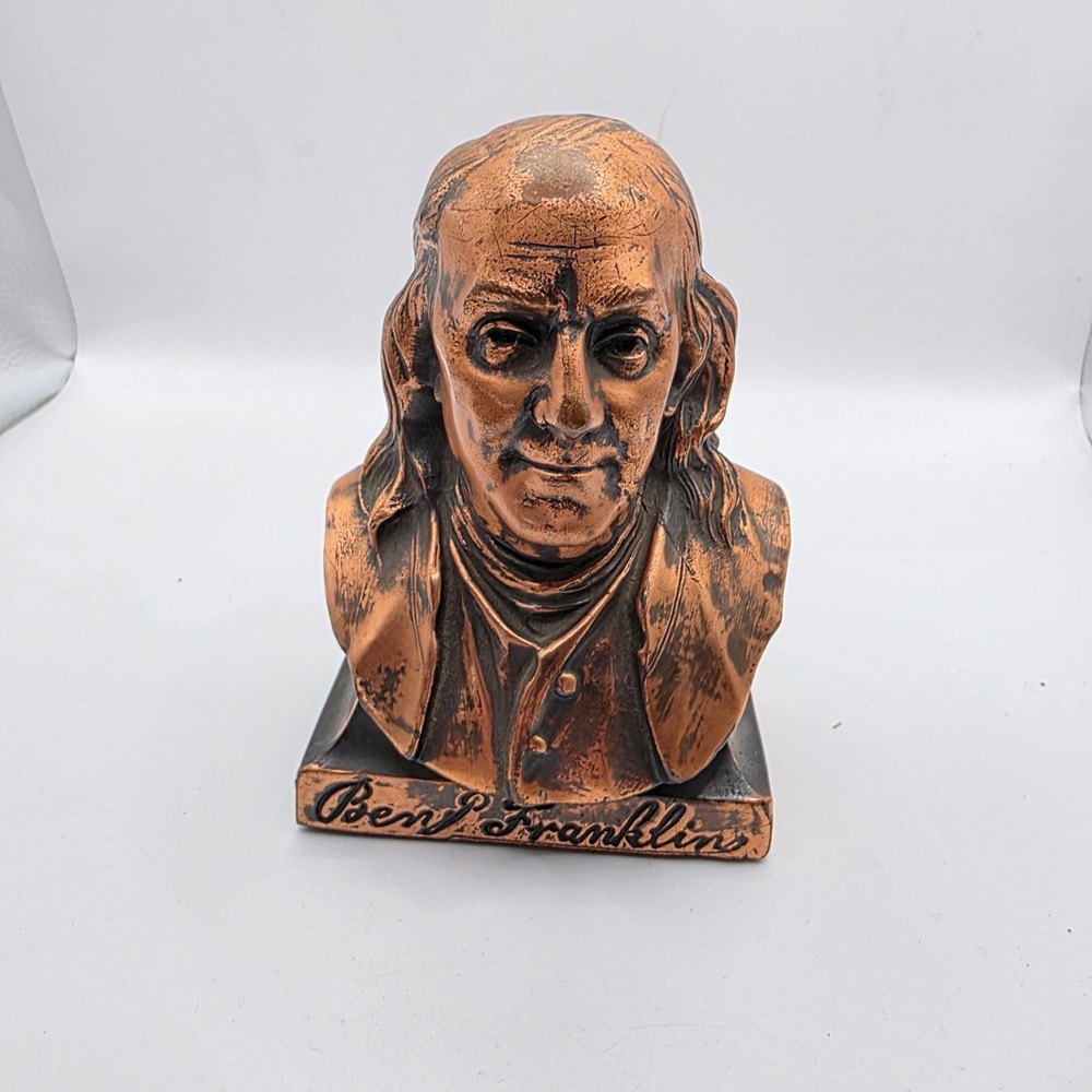 Vintage Banthrico Ben Franklin Coin Bank Franklin Life Insurance Copper Tone Bus